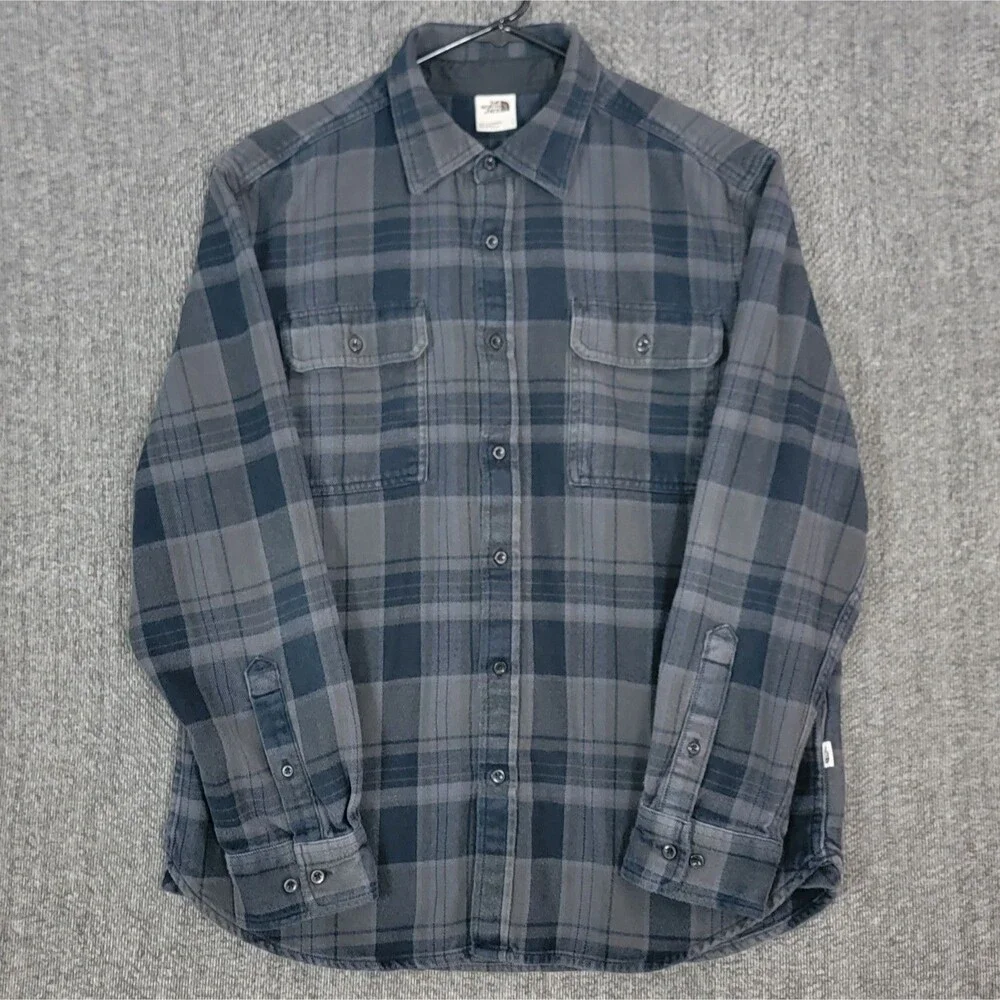 The North Face Shirt Mens L Blue & Gray Plaid Flannel Long Sleeve Button Up